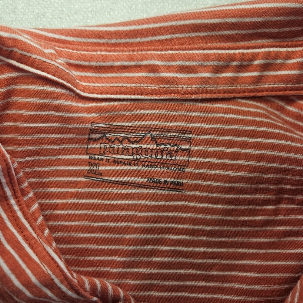 Patagonia Polo Shirt XL Orange Striped Organic Cotton Pocket - Picture 2 of 7